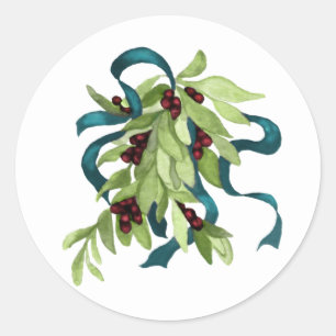 Holiday Watercolor Mistletoe Red Berries Teal Blue Classic Round Sticker