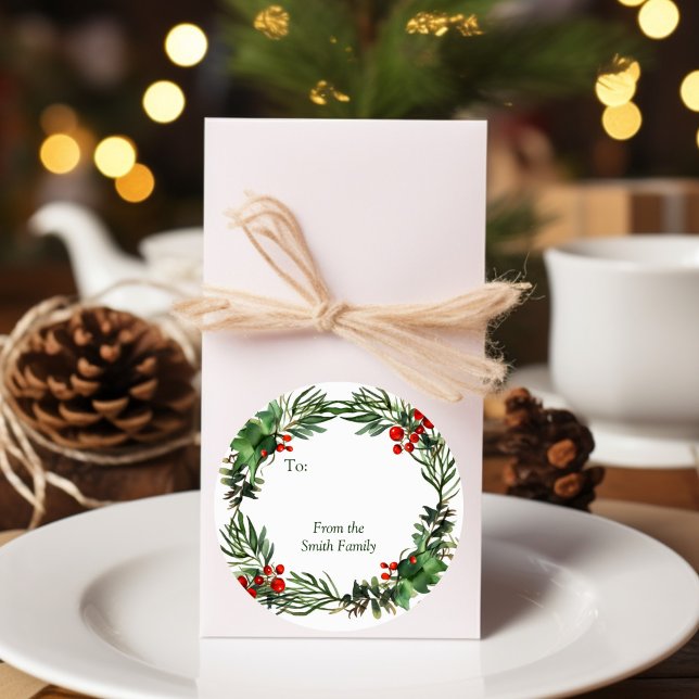 Holiday Watercolor Wreath with Name Classic Round Sticker (Creator Uploaded)