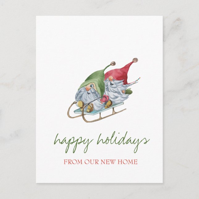 Holiday We Have Moved,Adorable Gnomes Sleigh Announcement Postcard (Front)