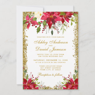 Holiday Wedding Floral Poinsettia Gold Glitter Invitation