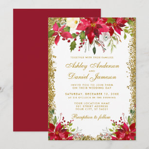 Holiday Wedding Gold Glitter Floral Red Poinsettia Invitation