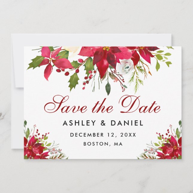 Holiday Wedding Poinsettia Floral Save The Date (Front)