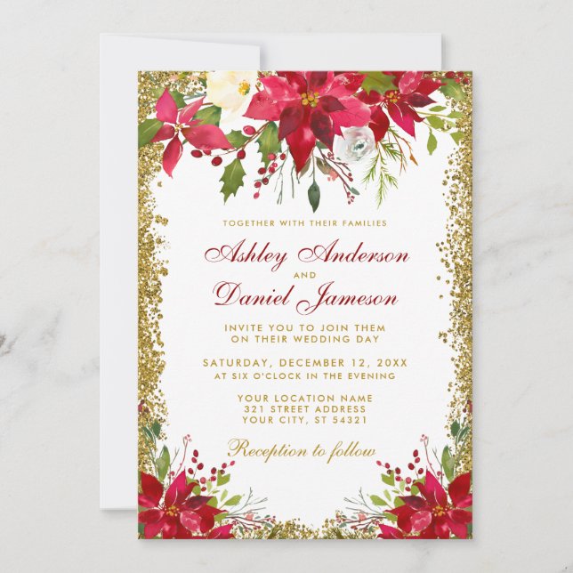 Holiday Wedding Red Floral Poinsettia Gold Glitter Invitation (Front)