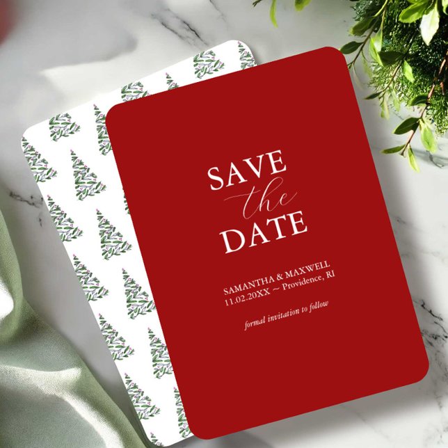 Holiday Wedding Save The Date Invitations (Holiday wedding save the date invitations watercolor Christmas trees art by Victoria Grigaliunas)
