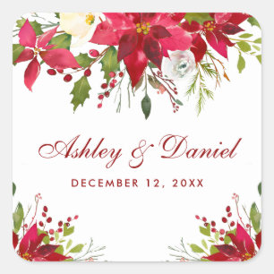 Holiday Wedding Watercolor Poinsettia Floral Red Square Sticker