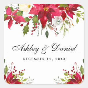 Holiday Wedding Watercolor Poinsettia Floral Square Sticker