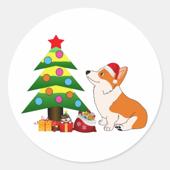 Holiday Welsh Corgi Cartoon with Tree Classic Round Sticker (Front)