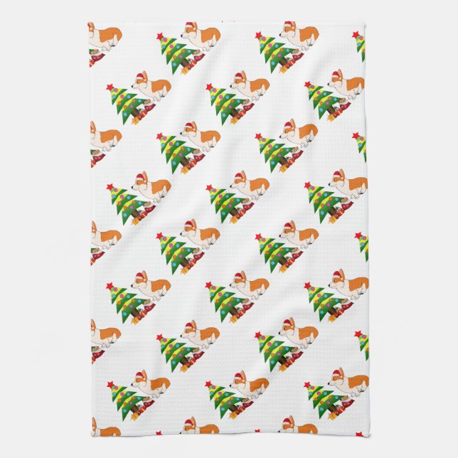 Holiday Welsh Corgi Cartoon with Tree Kitchen Towel (Vertical)