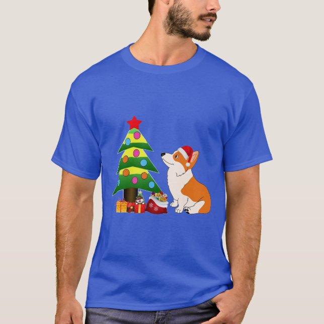 Holiday Welsh Corgi Cartoon with Tree T-Shirt (Front)
