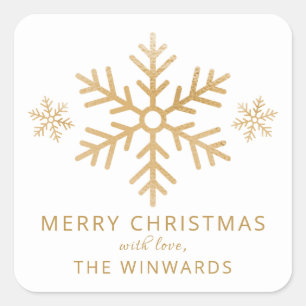 Holiday White & Gold Foil Christmas Snowflake Square Sticker