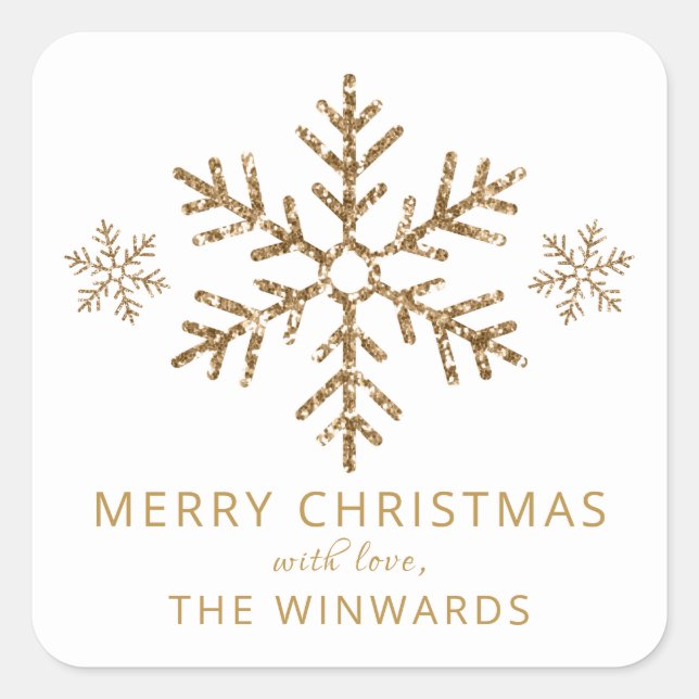 Holiday White & Gold Glitter Christmas Snowflake Square Sticker (Front)