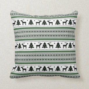 Holiday White Green Reindeer X'mas Tree Fair Isle Throw Pillow