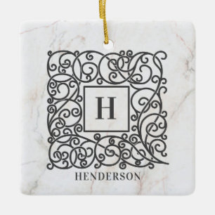 Holiday White Marble Monogram Family Name Ceramic Ornament