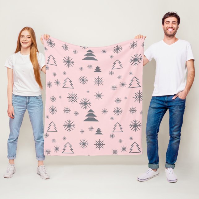 Holiday White Snowflakes Christmas Trees Modern Fleece Blanket (In Situ)