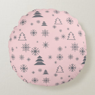 Holiday White Snowflakes Christmas Trees Modern Round Pillow