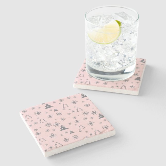 Holiday White Snowflakes Christmas Trees Modern Stone Coaster (Side)