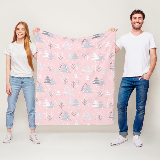 Holiday White Snowflakes Christmas Trees Pink Grey Fleece Blanket (In Situ)
