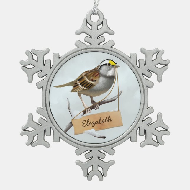 Holiday White throated sparrow Customize Name Snowflake Pewter Christmas Ornament (Front)