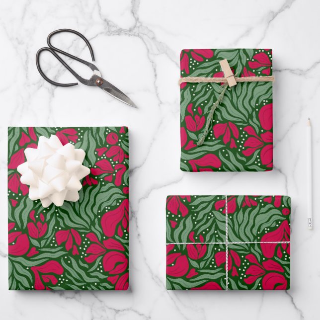 Holiday Wild Florals Wrapping Paper - Green (Front)