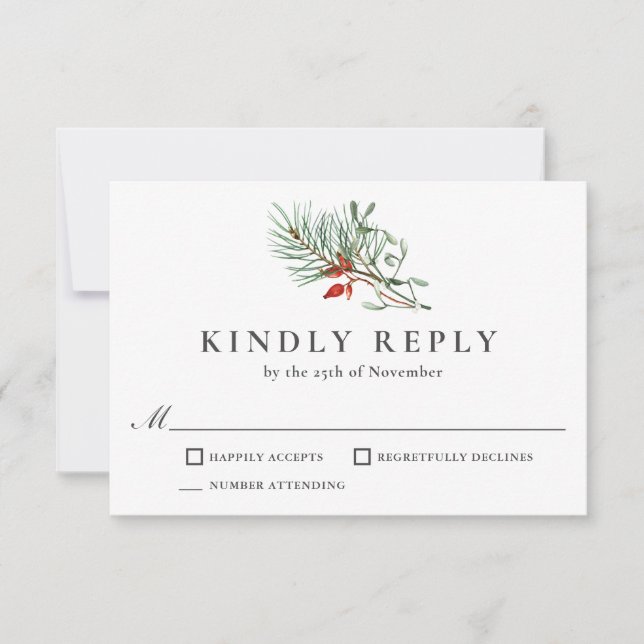Holiday Winter Botanical Greenery and Berries RSVP Card (Front)