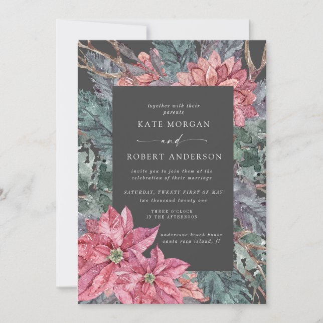 holiday winter floral wedding invitation (Front)