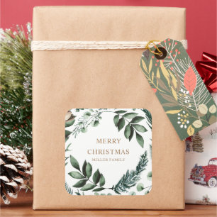 Holiday Winter Greenery Merry Christmas Square Sticker