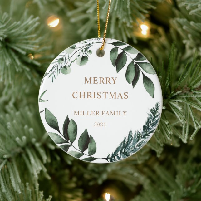 Holiday Winter Greenery Photo Merry Christmas Ceramic Ornament (Tree)
