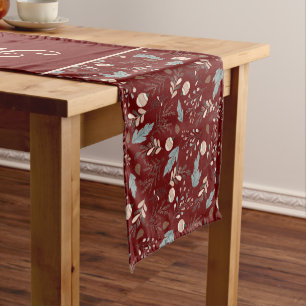 Holiday Winter Greenery Script Merry Christmas Short Table Runner