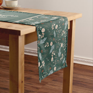 Holiday Winter Greenery Script Merry Christmas Short Table Runner