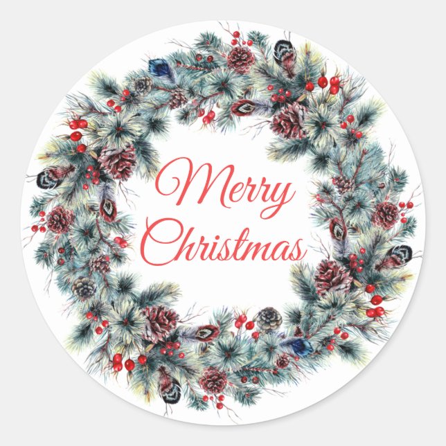 Holiday Winter Pine Cones Christmas Wreath Favour Classic Round Sticker (Front)