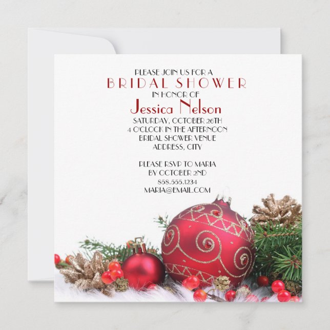 Holiday Winter Red Ornaments Bridal Shower Invitation (Front)