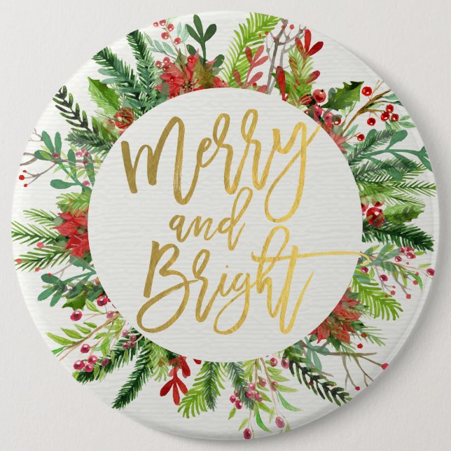 Holiday Wishes Merry and Bright Christmas Greeting 6 Inch Round Button (Front)