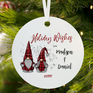 Holiday Wishes Rustic Gnomes in Red Buffalo Plaid Metal Ornament