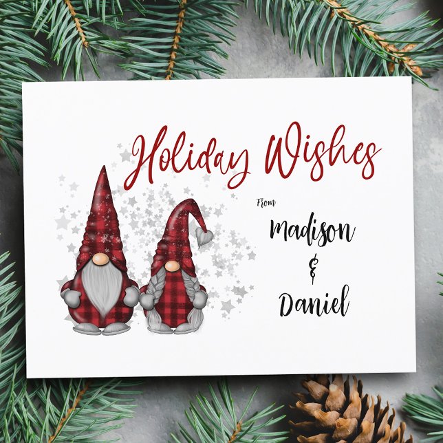 Holiday Wishes Rustic Gnomes in Red Buffalo Plaid Postcard (Creator Uploaded)