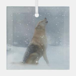 Holiday Wolf and Snow Howling Glass Ornament