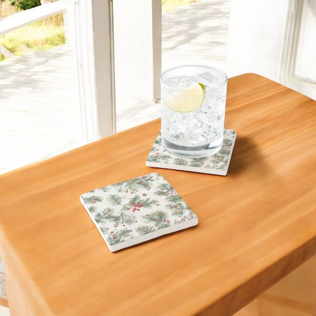 Holiday Woodland Pine & Red Berries Design Stone Coaster (Creator Uploaded)