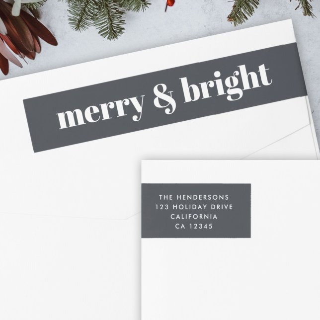 Holiday Wrap Around Labels | Christmas Stickers (“Merry & Bright” envelope wrap address label by Guava for your festive mail)
