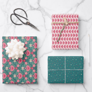 Holiday Wrapping Paper Set – Hearts & Flowers 