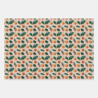 Holiday Wrapping Paper with Fruit & Holly, Pink