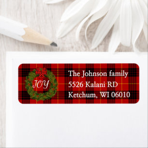 Holiday wreath and plaid return address