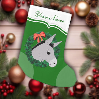 Holiday Wreath Donkey Red Ribbon Personalized Small Christmas Stocking