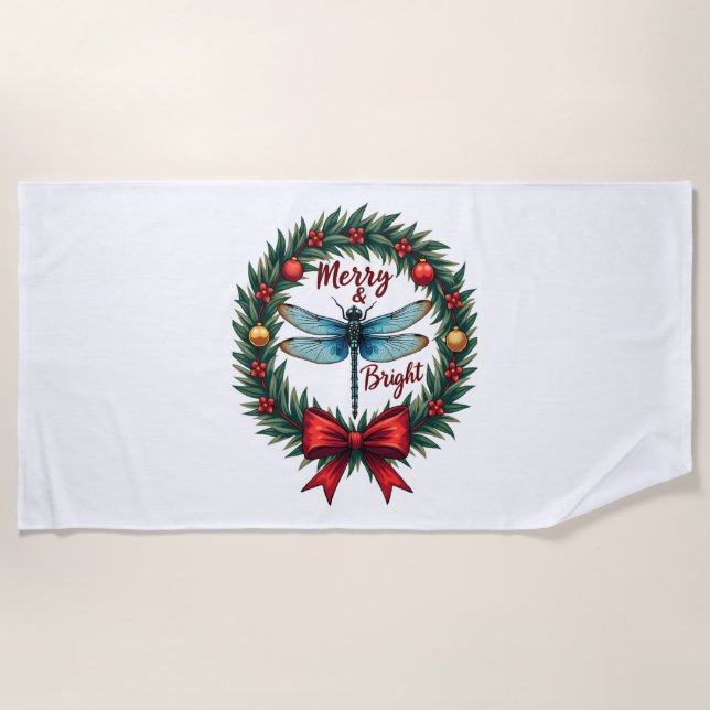 Holiday Wreath Dragonfly Beach Towel (Front)