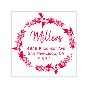 Holiday Wreath Family Name Return Address Self-inking Stamp