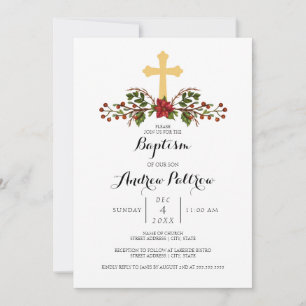 Holiday Wreath Gold Cross Baptism Invitation