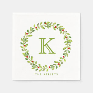 Holiday Wreath Initial Monogram, Green Napkin