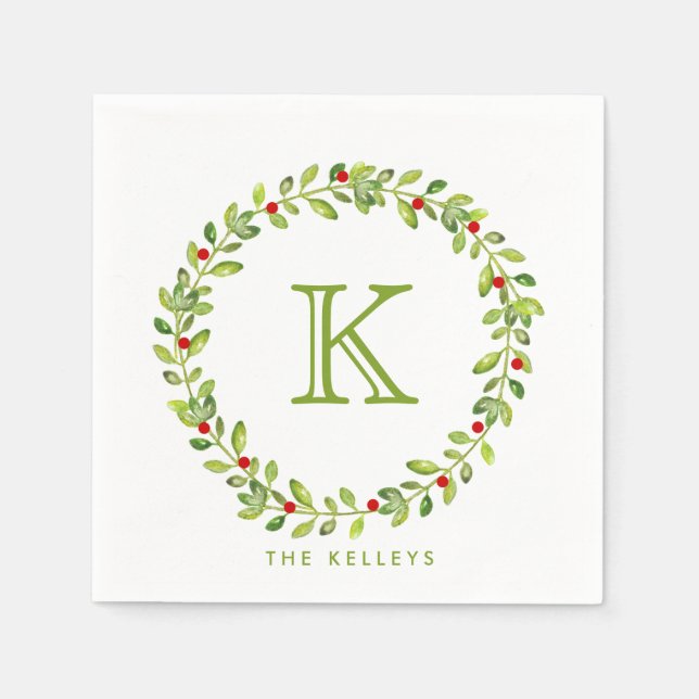 Holiday Wreath Initial Monogram, Green Napkin (Front)
