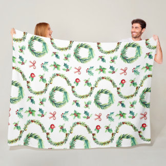 Holiday wreath  pattern with water colour renderin fleece blanket