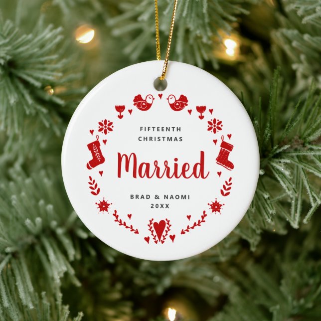 Holiday Wreath Personalized 15th Christmas Married Ceramic Ornament (Tree)