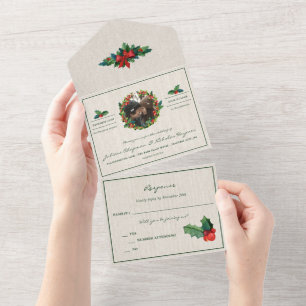 Holiday Wreath Poinsettia Christmas Wedding All In One Invitation
