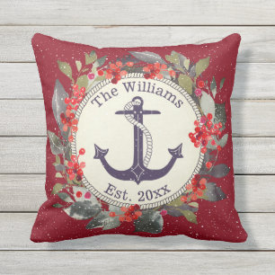 Holiday Wreath Red Berries Nautical Blue Anchor Outdoor Pillow